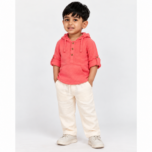 Cotton Muslin Hooded Co-Ord Set for Boys - Pink