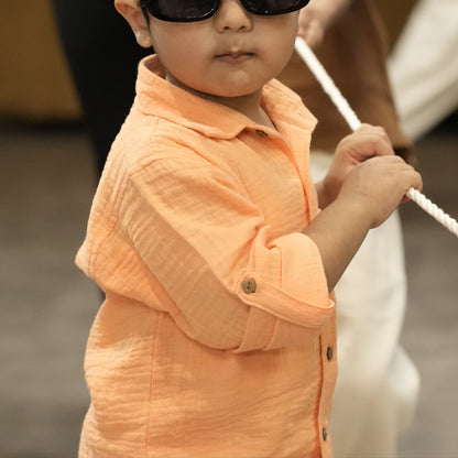 Cotton Muslin Shirt & Pants Co-Ord Set for Boys - Orange