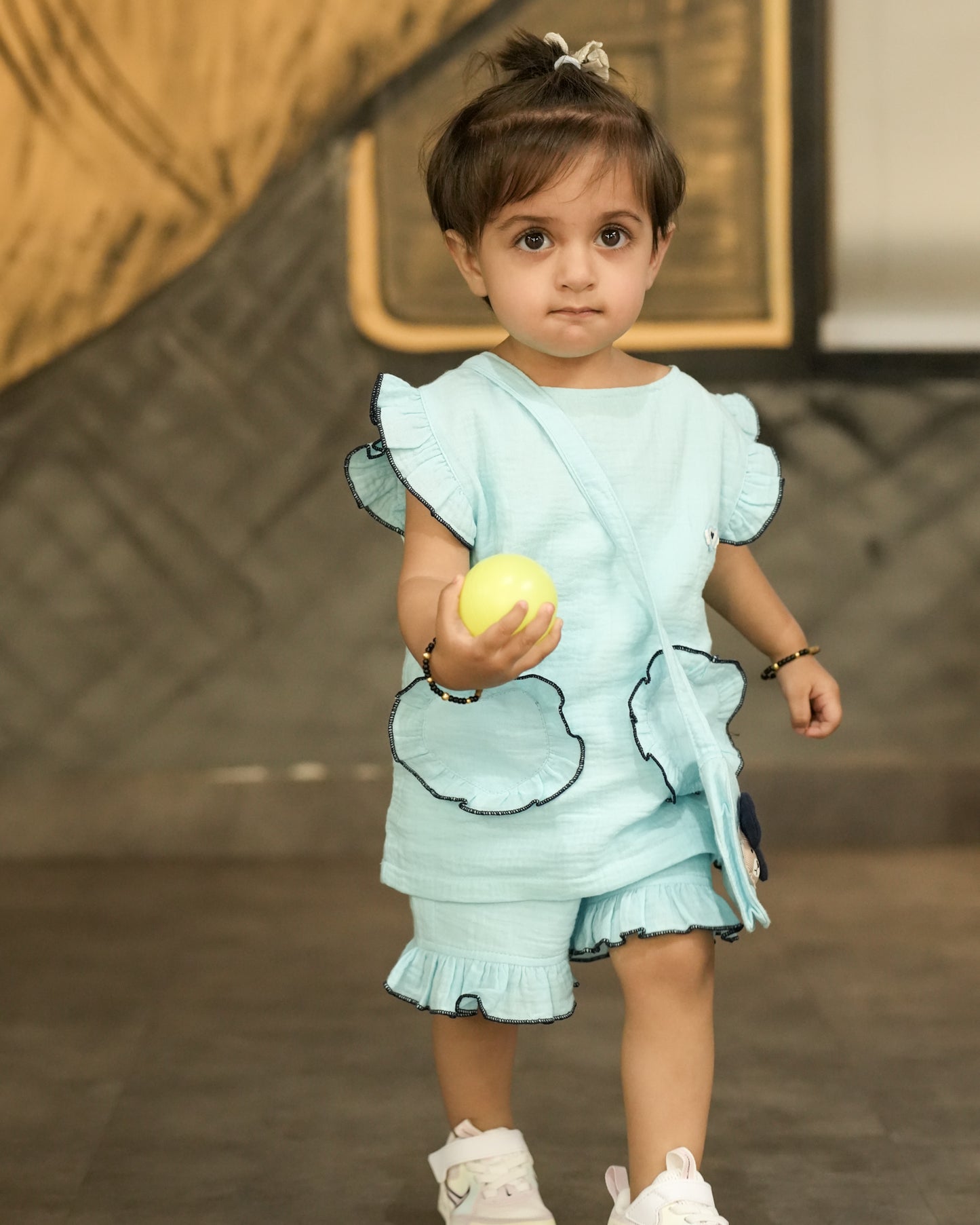 Ruffle Co-Ord Set with Sling Bag-BLUE