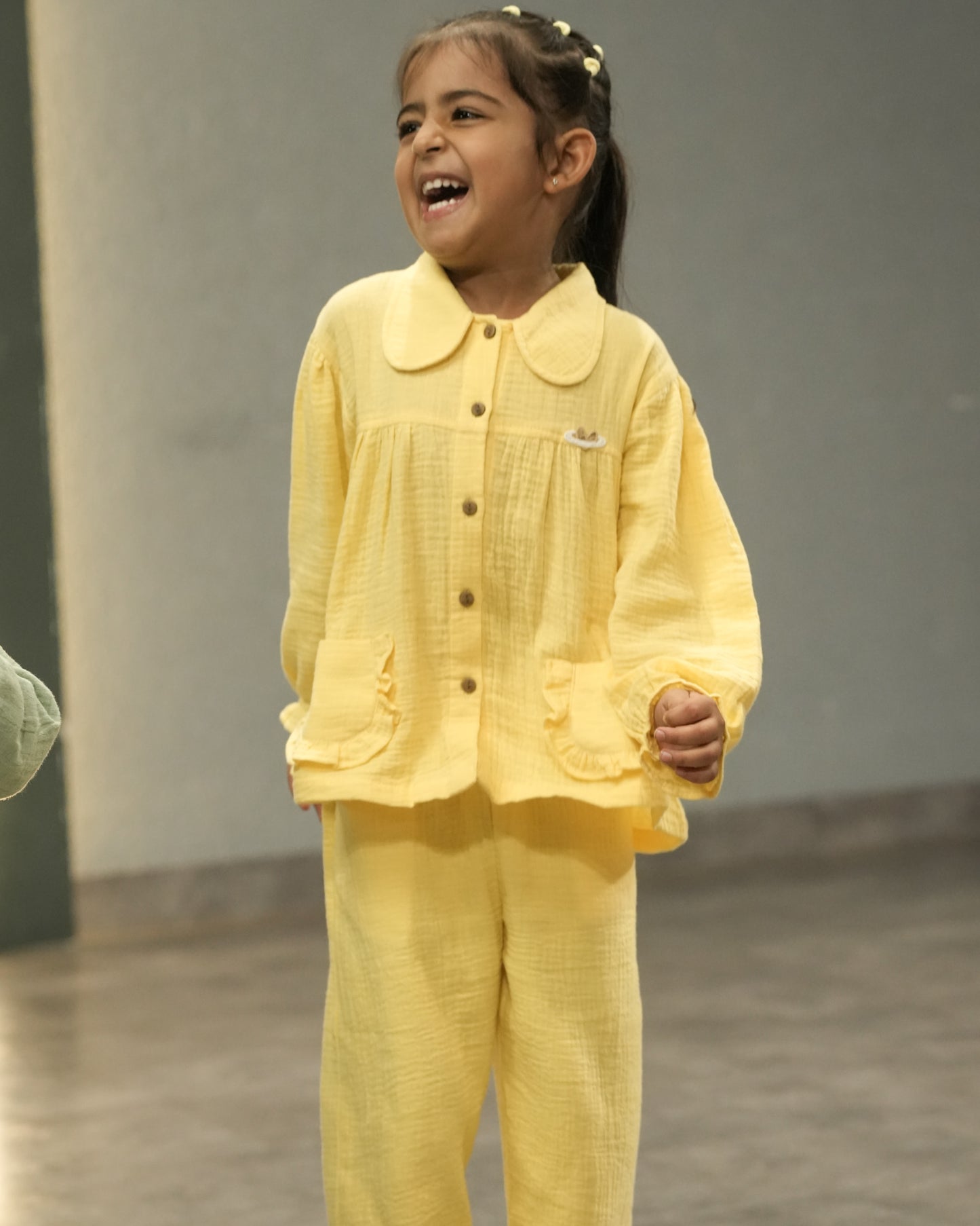 Ruffle Pocket Muslin Co-Ord Set-YELLOW