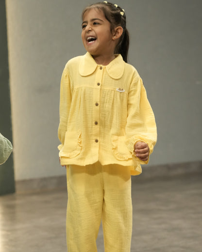 Ruffle Pocket Muslin Co-Ord Set-YELLOW