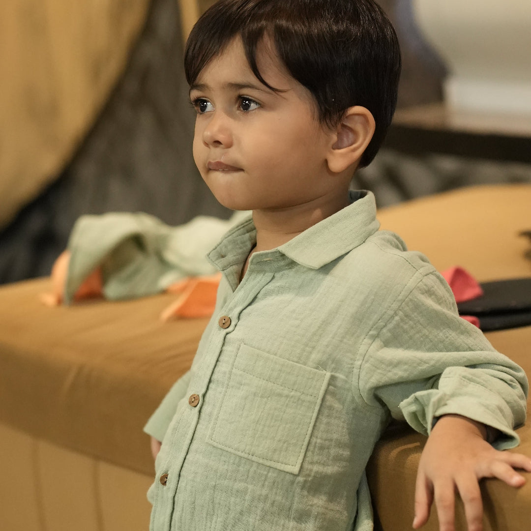 Cotton Muslin Shirt & Pants Co-Ord Set for Boys - Green