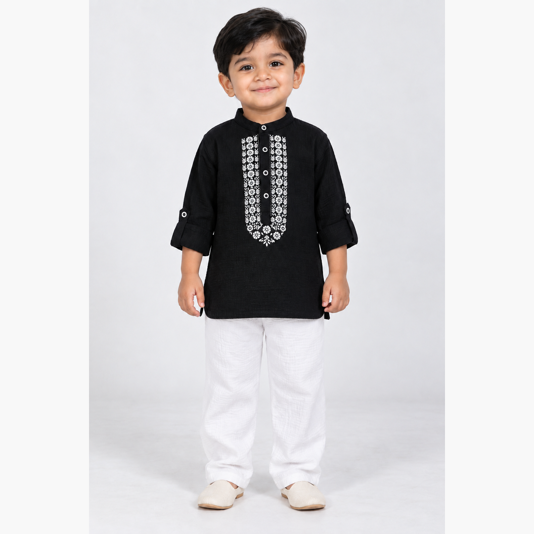 Festive Bloom Cotton Muslin Kurta & Pants Set-black