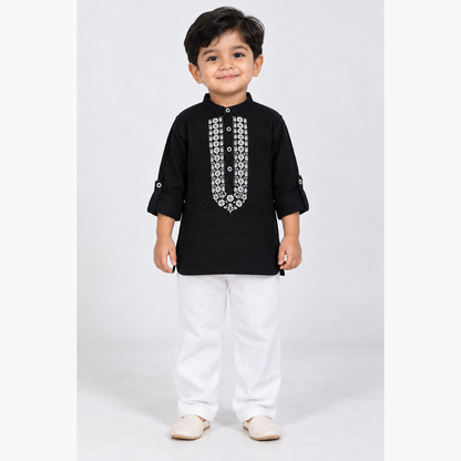 Festive Bloom Cotton Muslin Kurta & Pants Set-black