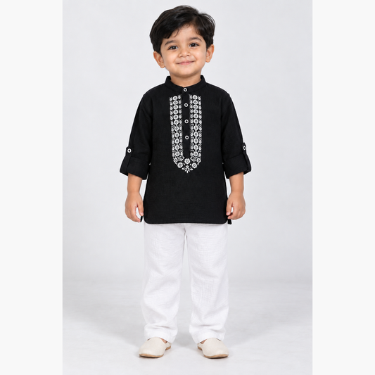 Festive Bloom Cotton Muslin Kurta & Pants Set-black