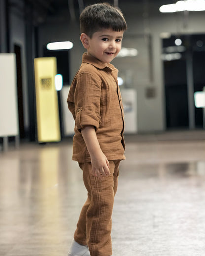 Shirt & Pants Co-Ord Set-BROWN