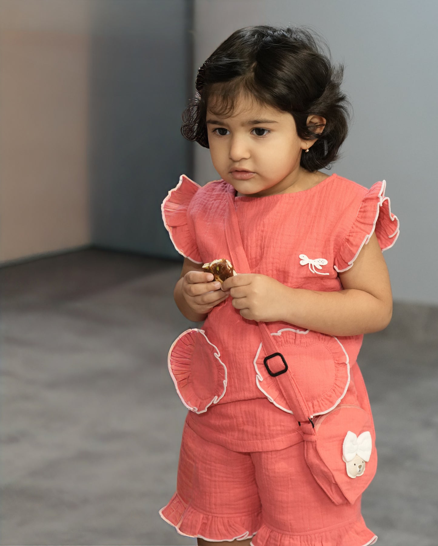 Ruffle Co-Ord Set with Sling Bag-PINK