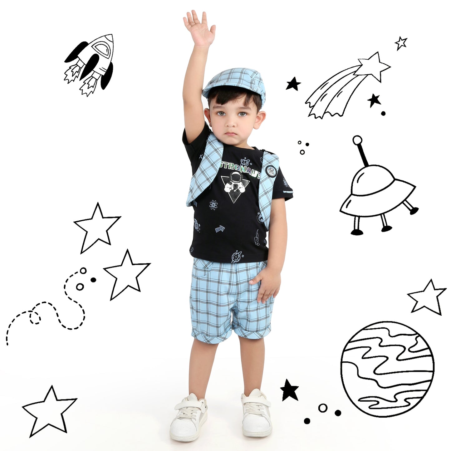 Checkmate Style: Printed Tee + Checked Waistcoat Set for Boys!