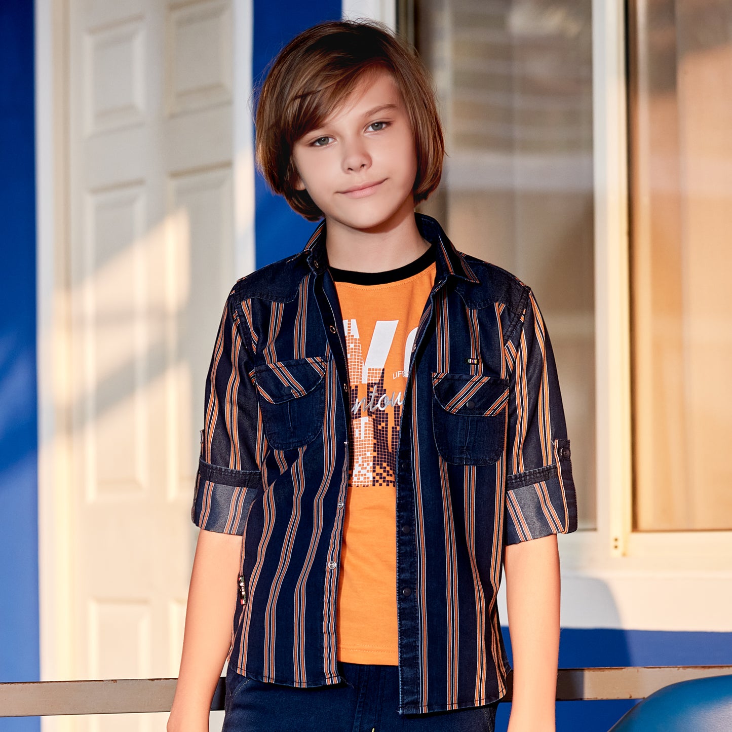Denim Striped Stylish Shirt and T-shirt Set  For Young Boys