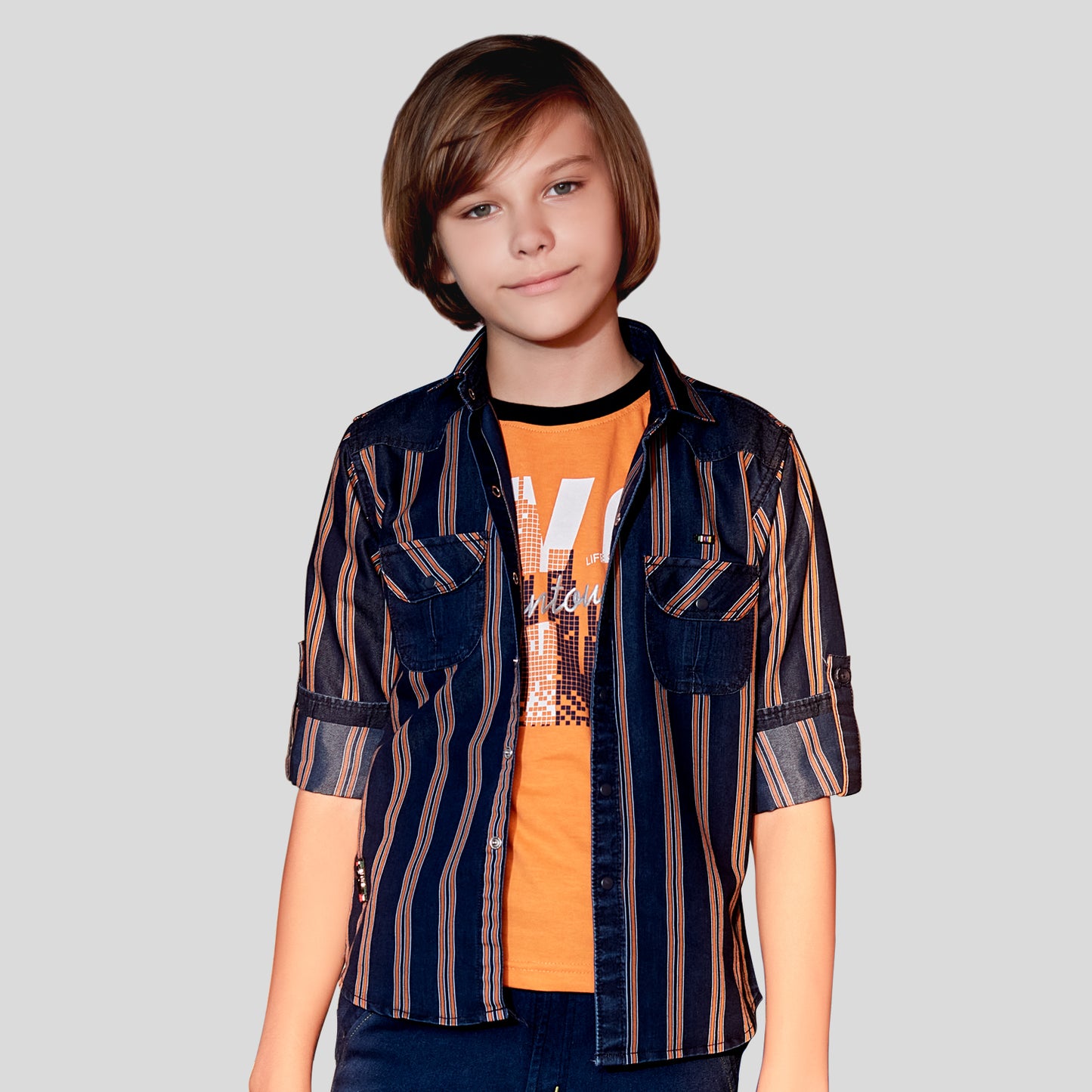 Denim Striped Stylish Shirt and T-shirt Set  For Young Boys