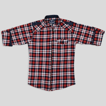 Checkered Indigo Lycra Shirt and T-shirt Set For Young Boys