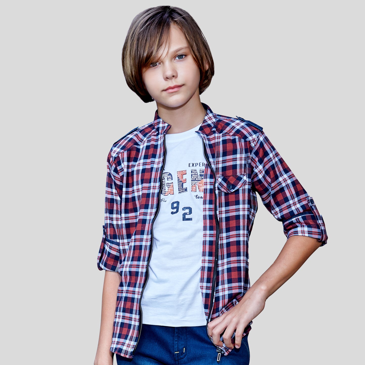 Checkered Indigo Lycra Shirt and T-shirt Set For Young Boys
