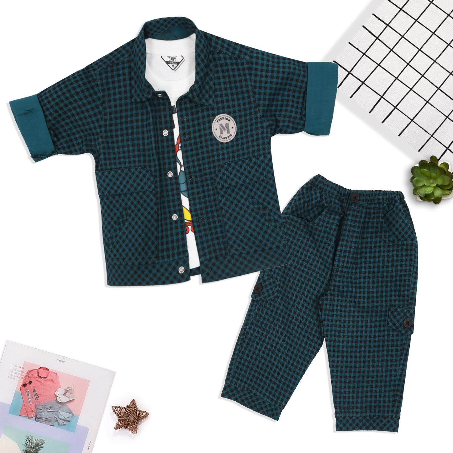 "Charming Checks Jacket, Printed Tee & Pants: Casual Style Star"