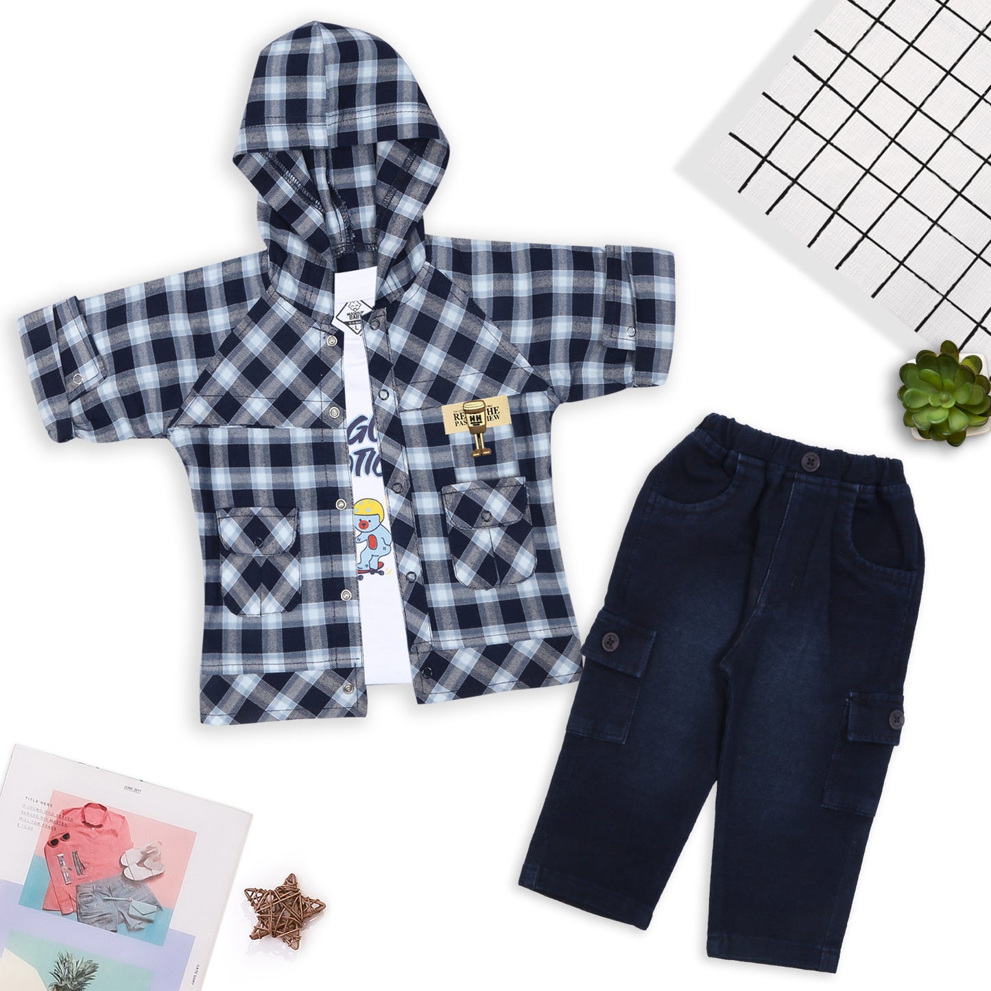 Stylish Checks Jacket, Printed Tee & Joggers: Casual Cool