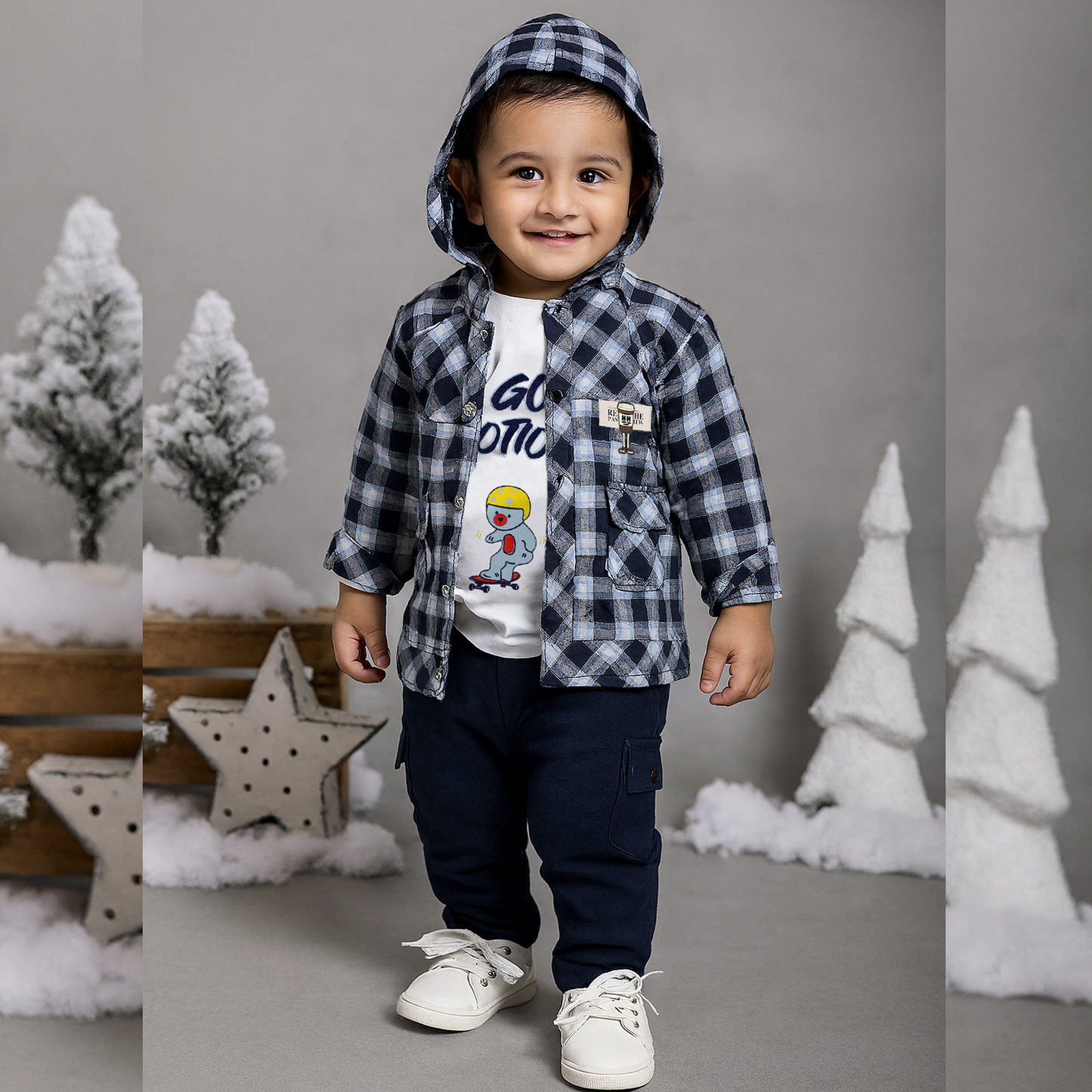 Stylish Checks Jacket, Printed Tee & Joggers: Casual Cool