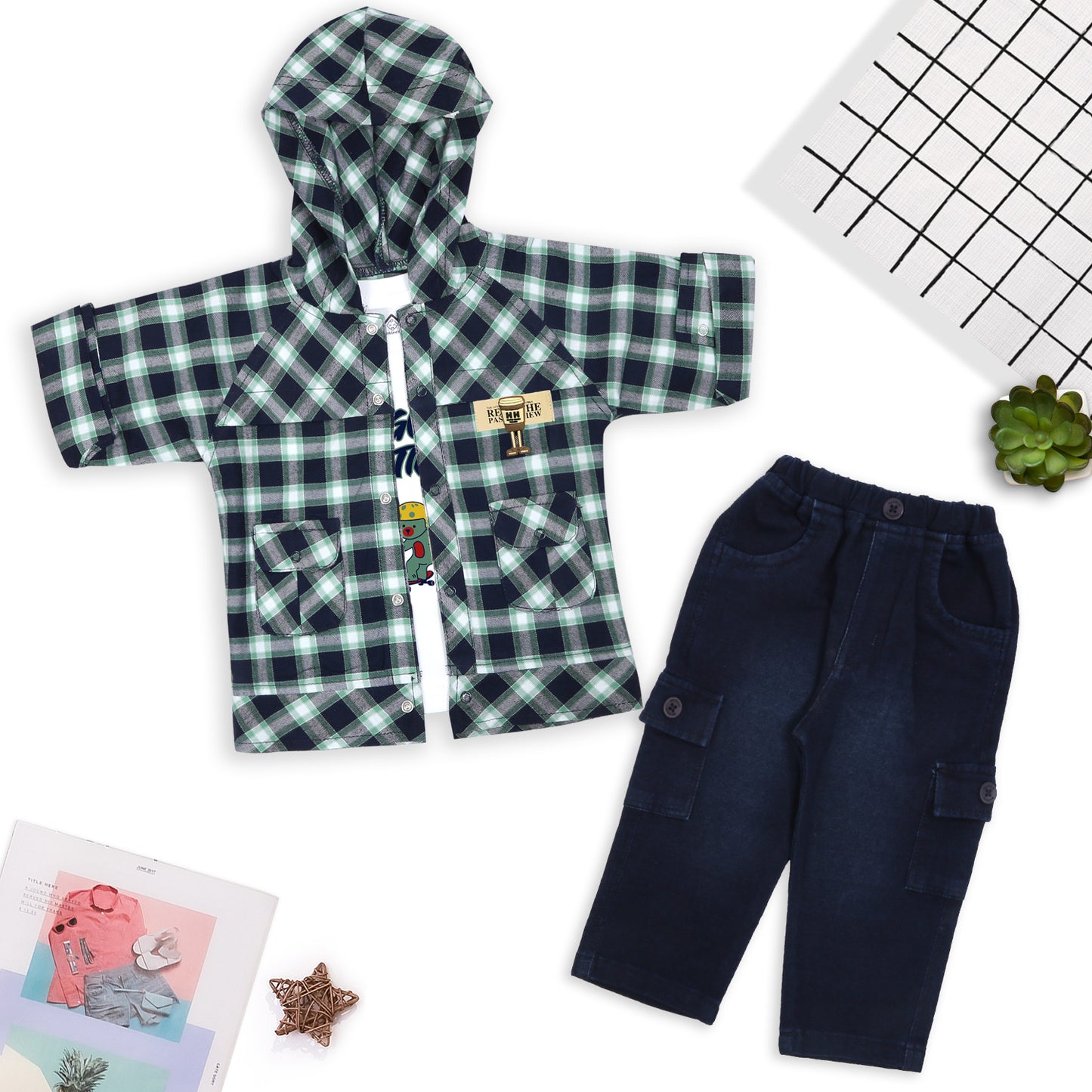 Stylish Checks Jacket, Printed Tee & Joggers: Casual Cool