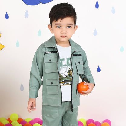 "Stylish Adventures Await: Printed Tee, Jacket, and Pant Set for Boys!"