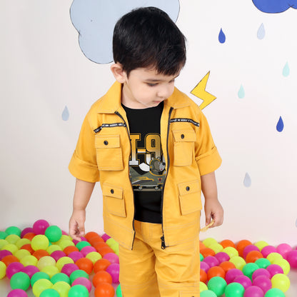"Stylish Adventures Await: Printed Tee, Jacket, and Pant Set for Boys!"