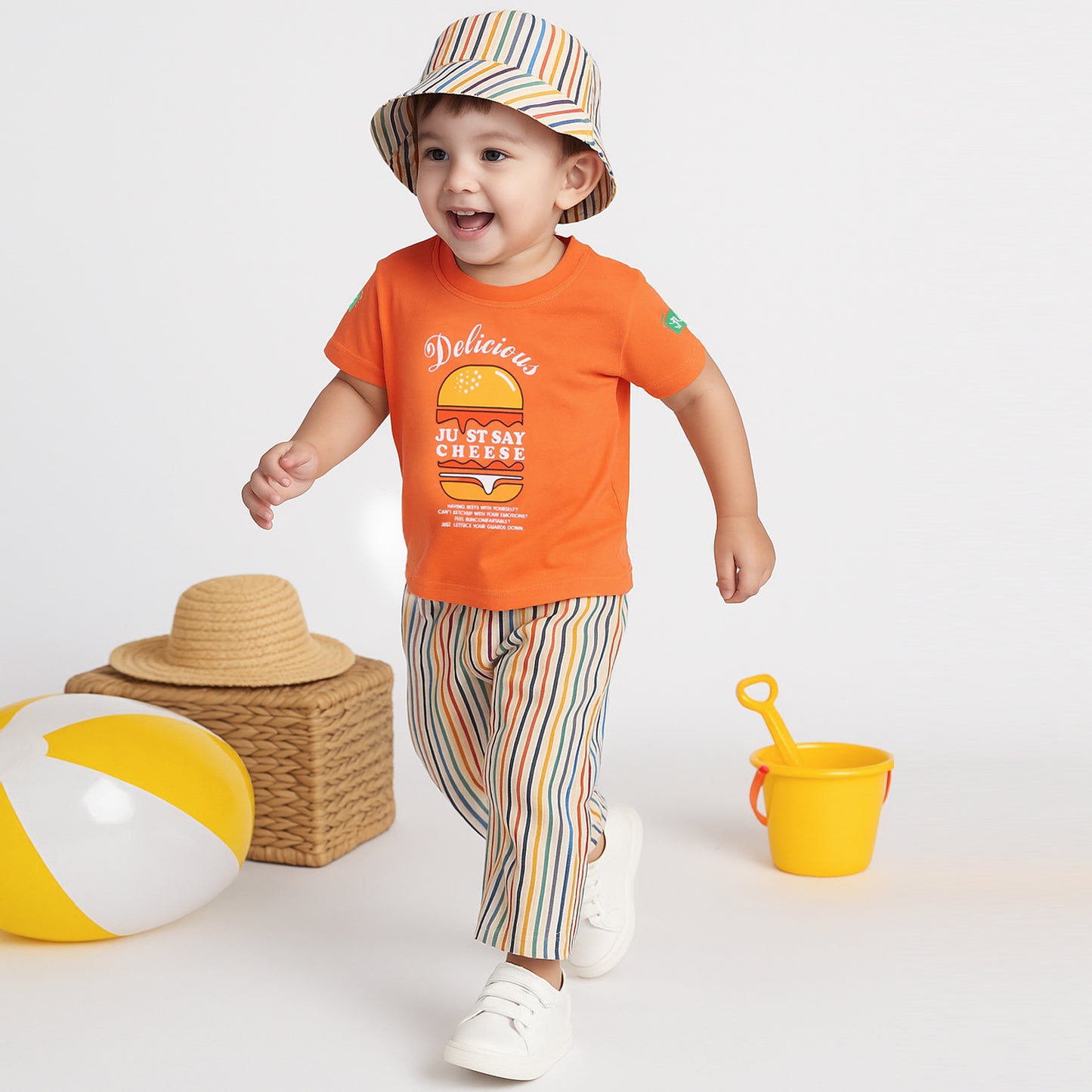Playful Printed Tee, Striped Pants & Cap: Boys’ Casual Cool