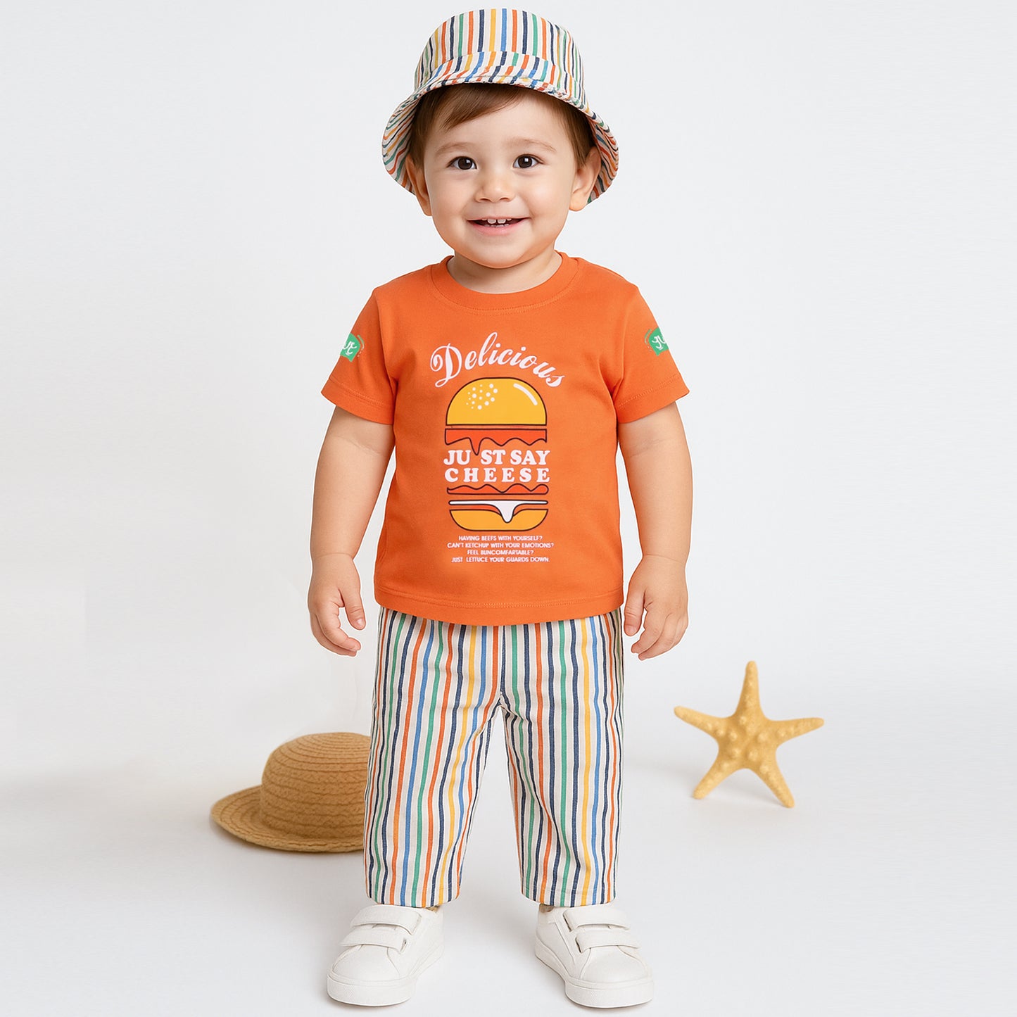 Playful Printed Tee, Striped Pants & Cap: Boys’ Casual Cool