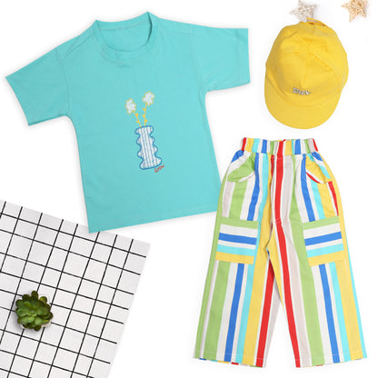 Fun Printed Tee, Colorful Striped Pants & Cap: Boys’ Casual Star