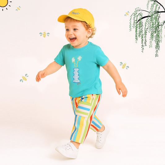 Fun Printed Tee, Colorful Striped Pants & Cap: Boys’ Casual Star