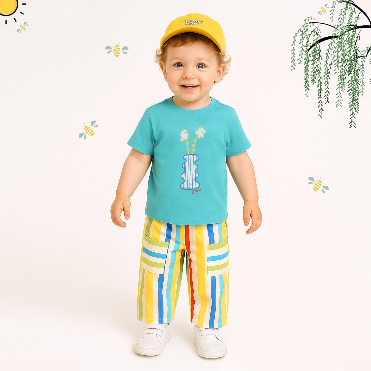 Fun Printed Tee, Colorful Striped Pants & Cap: Boys’ Casual Star