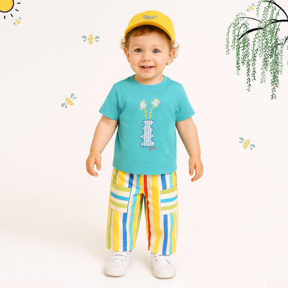 Fun Printed Tee, Colorful Striped Pants & Cap: Boys’ Casual Star