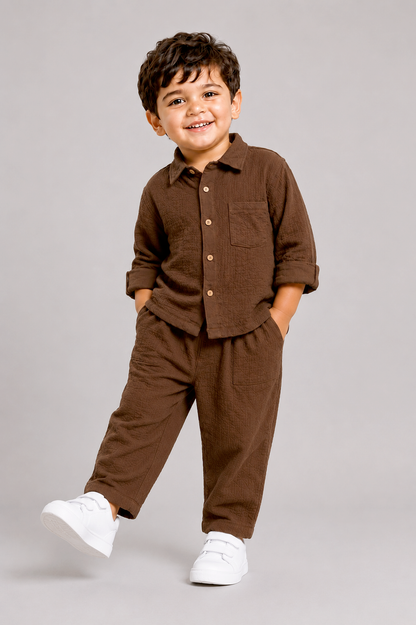 Shirt & Pants Co-Ord Set-BROWN