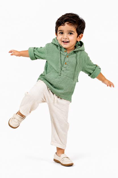 Muslin Hooded Co-Ord Set-GREEN