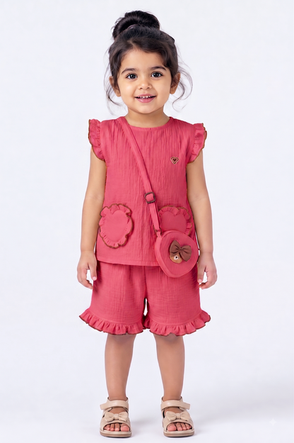 Ruffle Co-Ord Set with Sling Bag-PINK