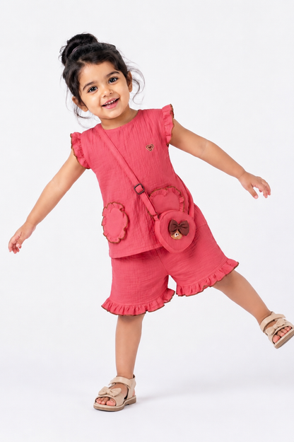Ruffle Co-Ord Set with Sling Bag-PINK