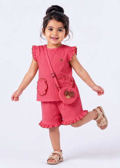 Ruffle Co-Ord Set with Sling Bag-PINK