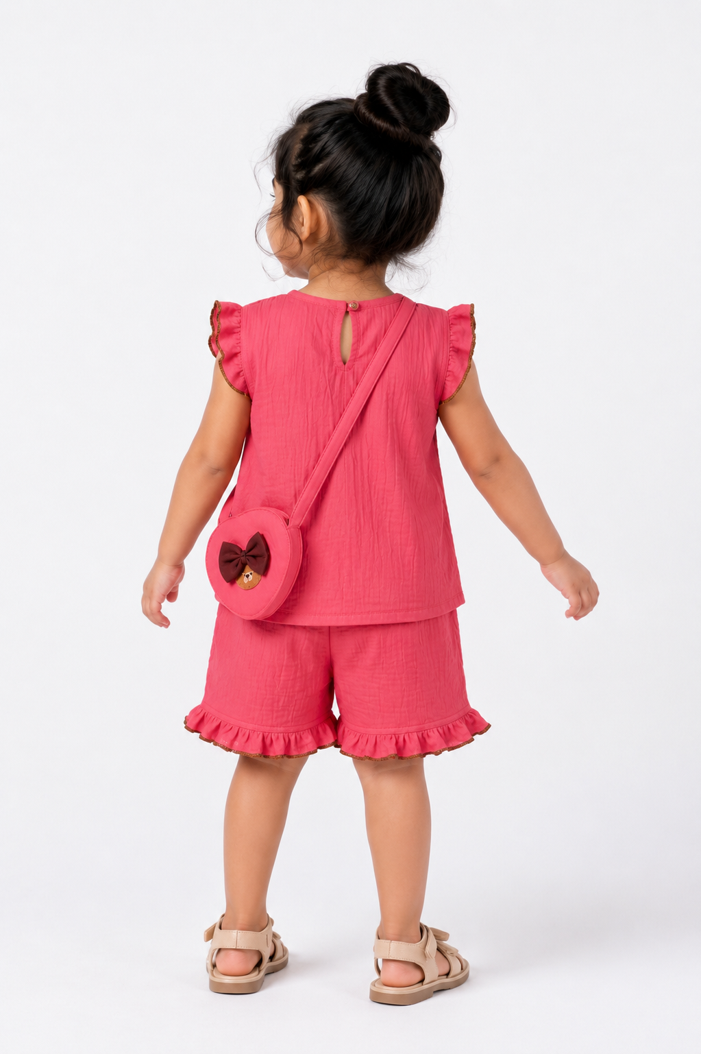 Ruffle Co-Ord Set with Sling Bag-PINK