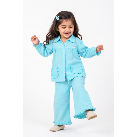 Sky blue cotton muslin flared pants co-ord set - image 1