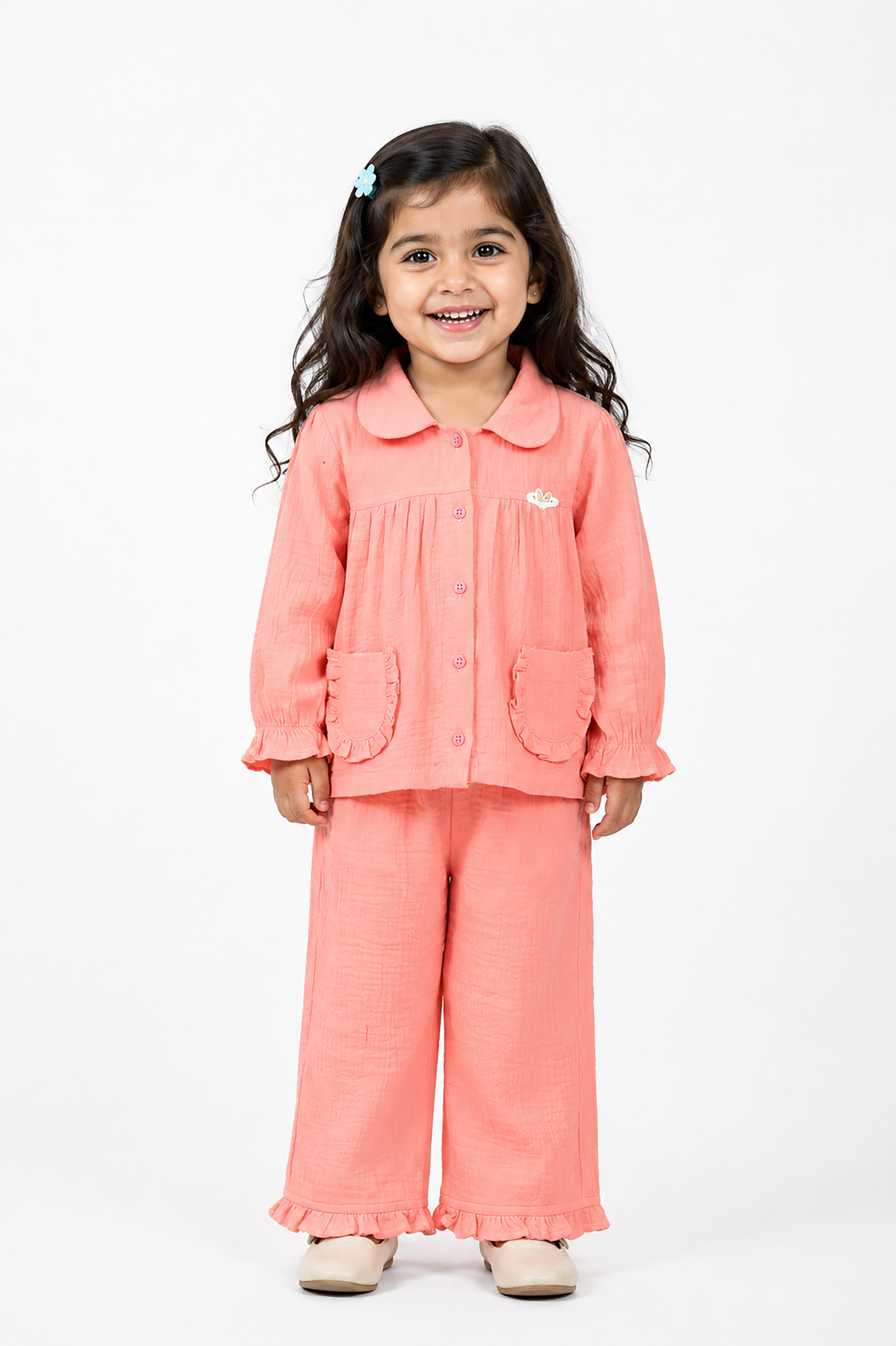 Ruffle Pocket Muslin Co-Ord Set-PINK