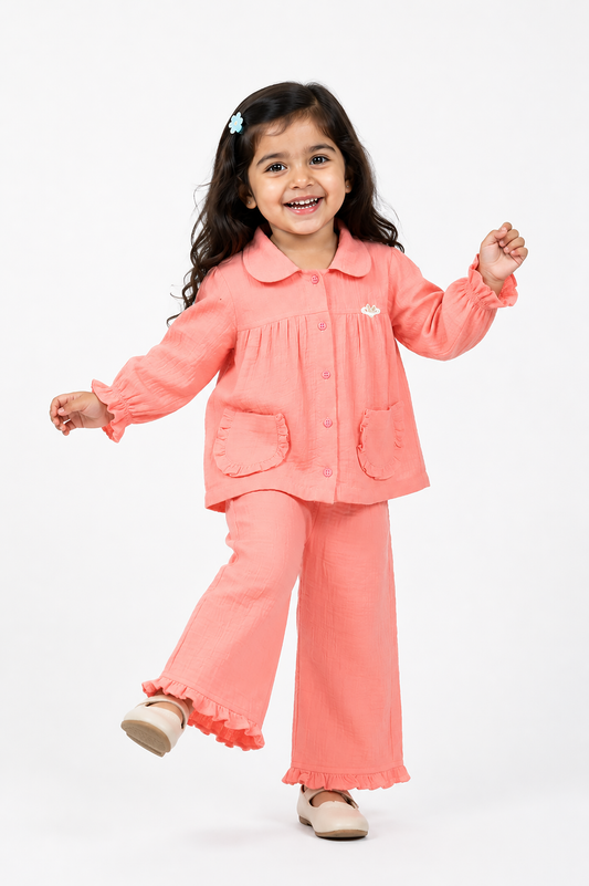 Ruffle Pocket Muslin Co-Ord Set-PINK