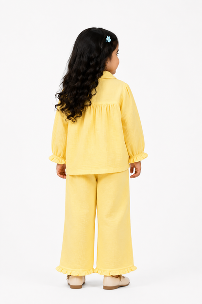 Ruffle Pocket Muslin Co-Ord Set-YELLOW