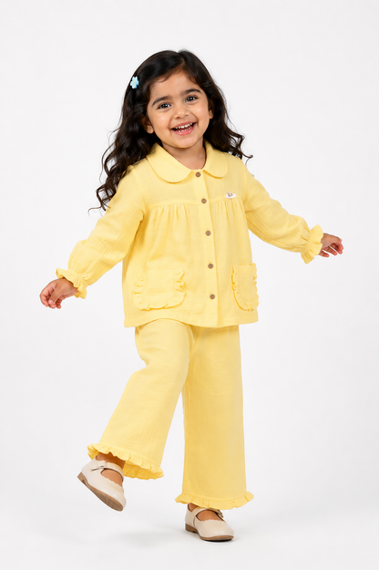 Ruffle Pocket Muslin Co-Ord Set-YELLOW