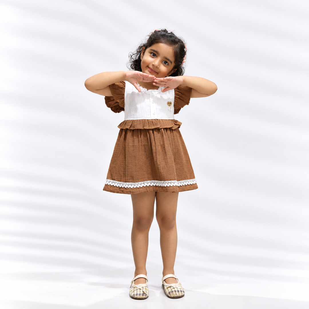 Little Twirl Cotton Muslin Dress-BROWN