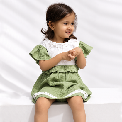 Little Twirl Cotton Muslin Dress-GREEN