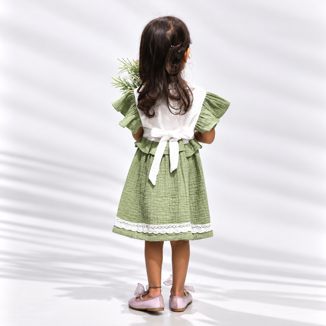 Little Twirl Cotton Muslin Dress-GREEN