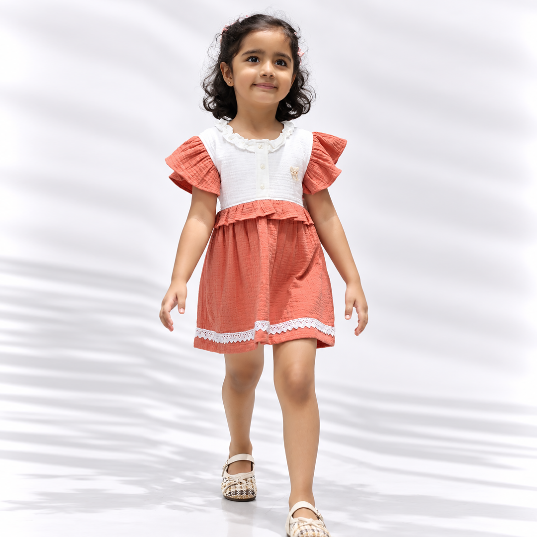 Little Twirl Cotton Muslin Dress-BRICK