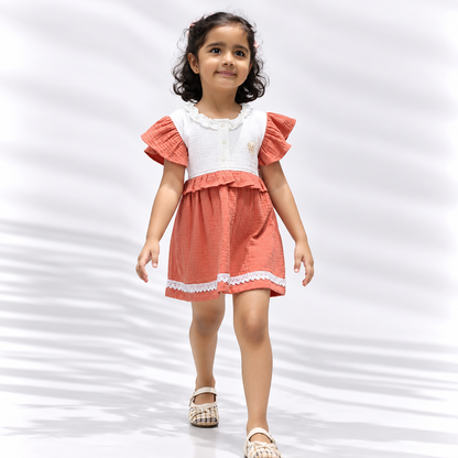 Little Twirl Cotton Muslin Dress-BRICK