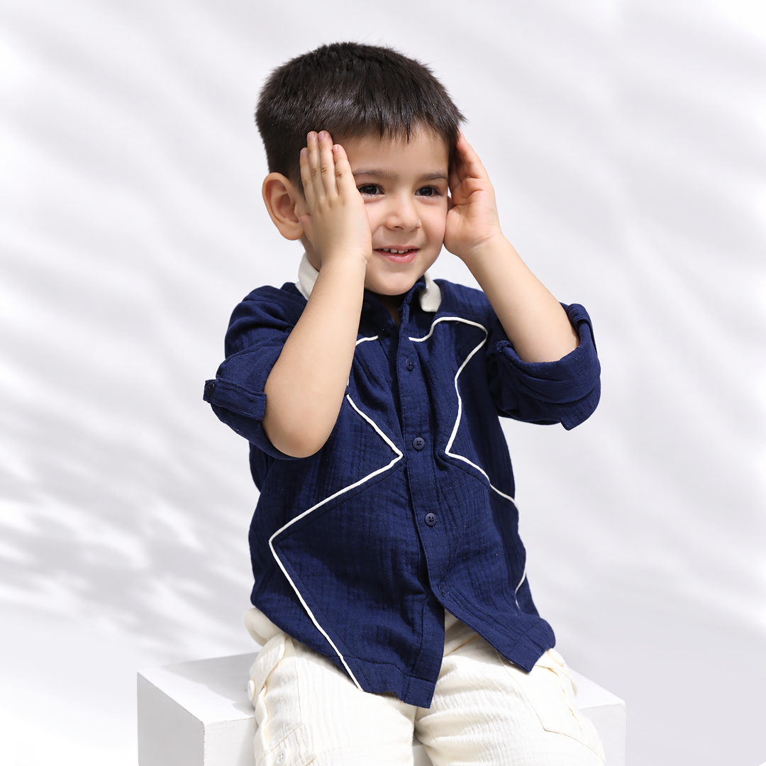 Little Explorer Cotton Muslin Shirt & Pants Set – Navy
