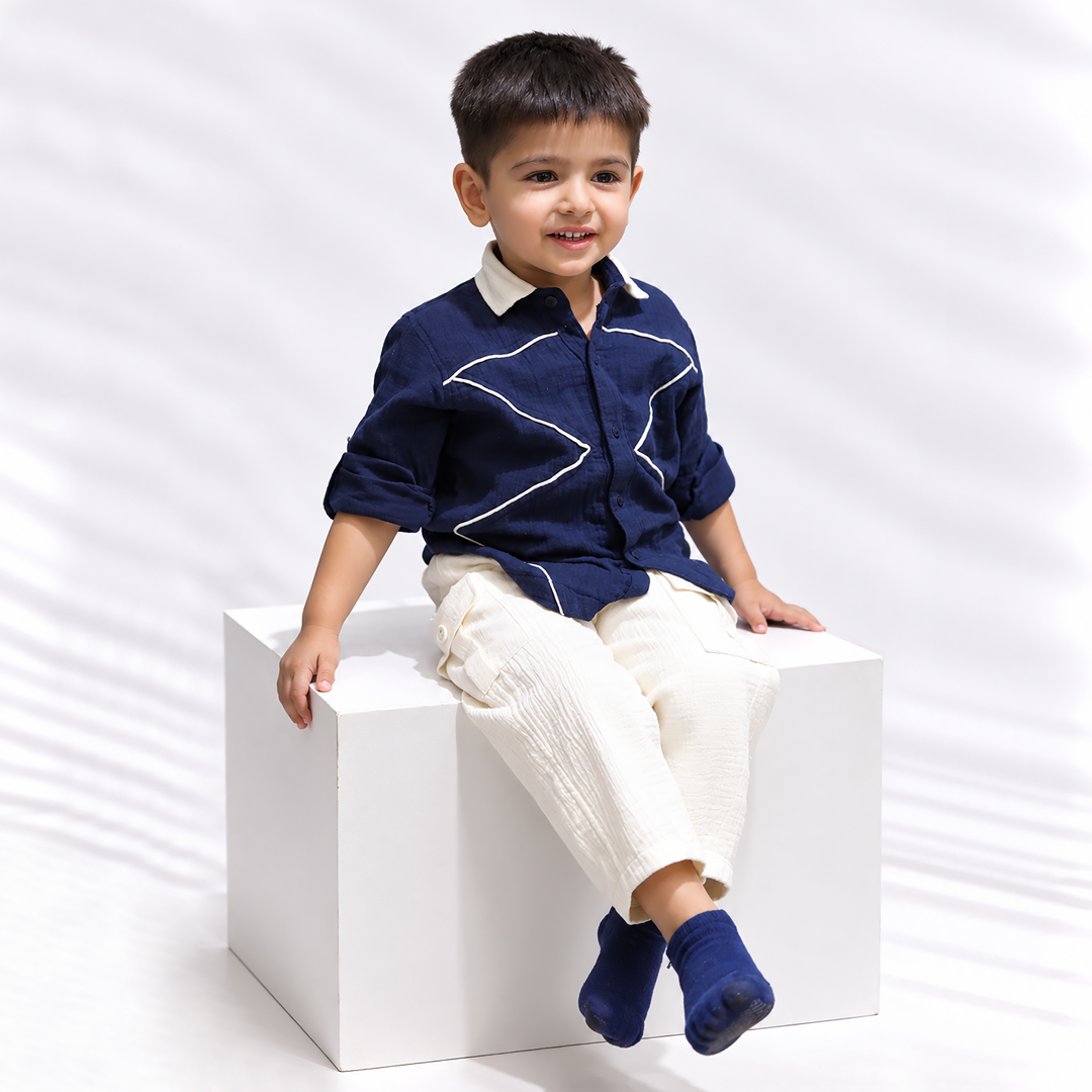 Little Explorer Cotton Muslin Shirt & Pants Set – Navy