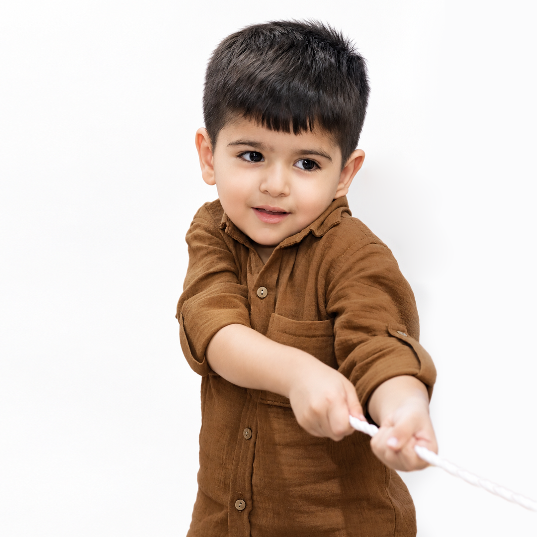 Cotton Muslin Shirt & Pants Co-Ord Set for Boys - Brown