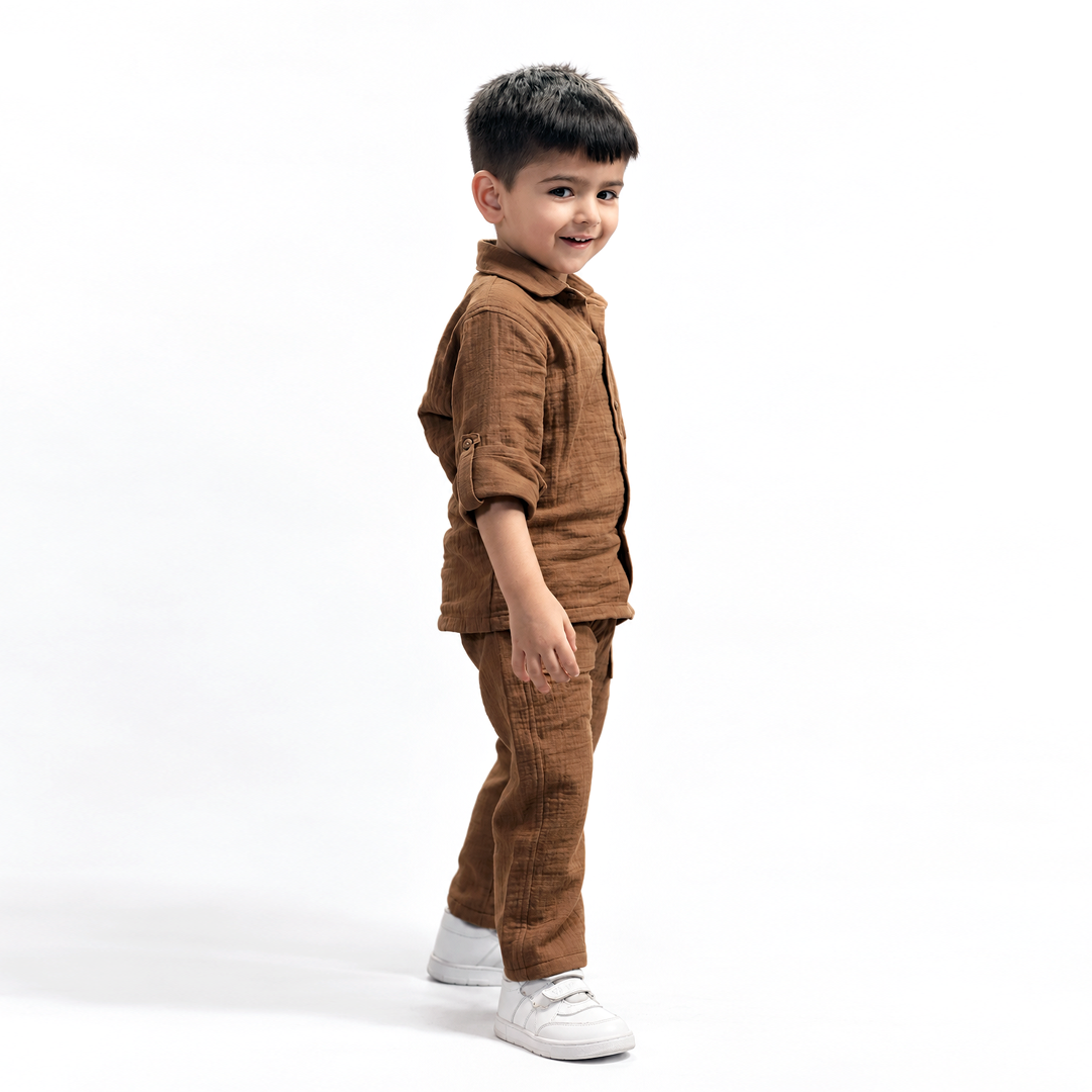 Cotton Muslin Shirt & Pants Co-Ord Set for Boys - Brown