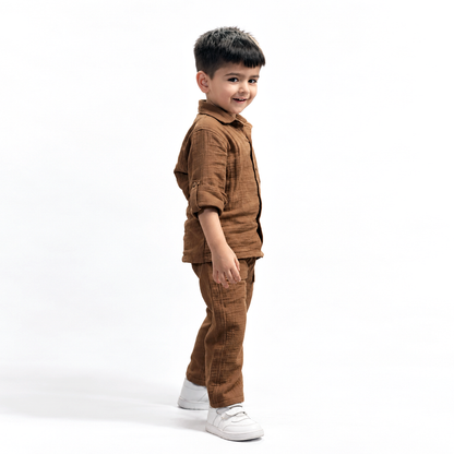 Cotton Muslin Shirt & Pants Co-Ord Set for Boys - Brown