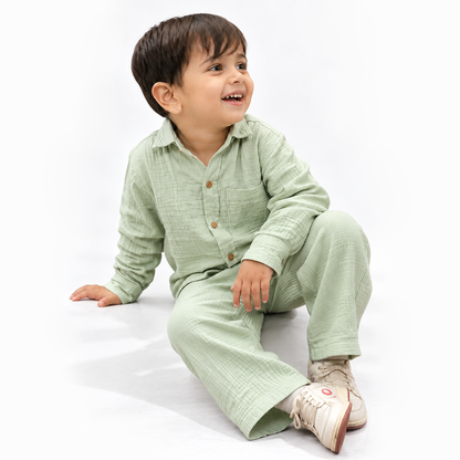 Cotton Muslin Shirt & Pants Co-Ord Set for Boys - Green